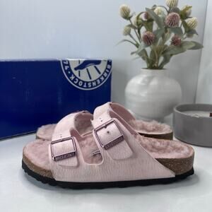 Birkenstock Arizona Microfiber Shearling Lined Slide Pink Women 5 Narrow FLAWS